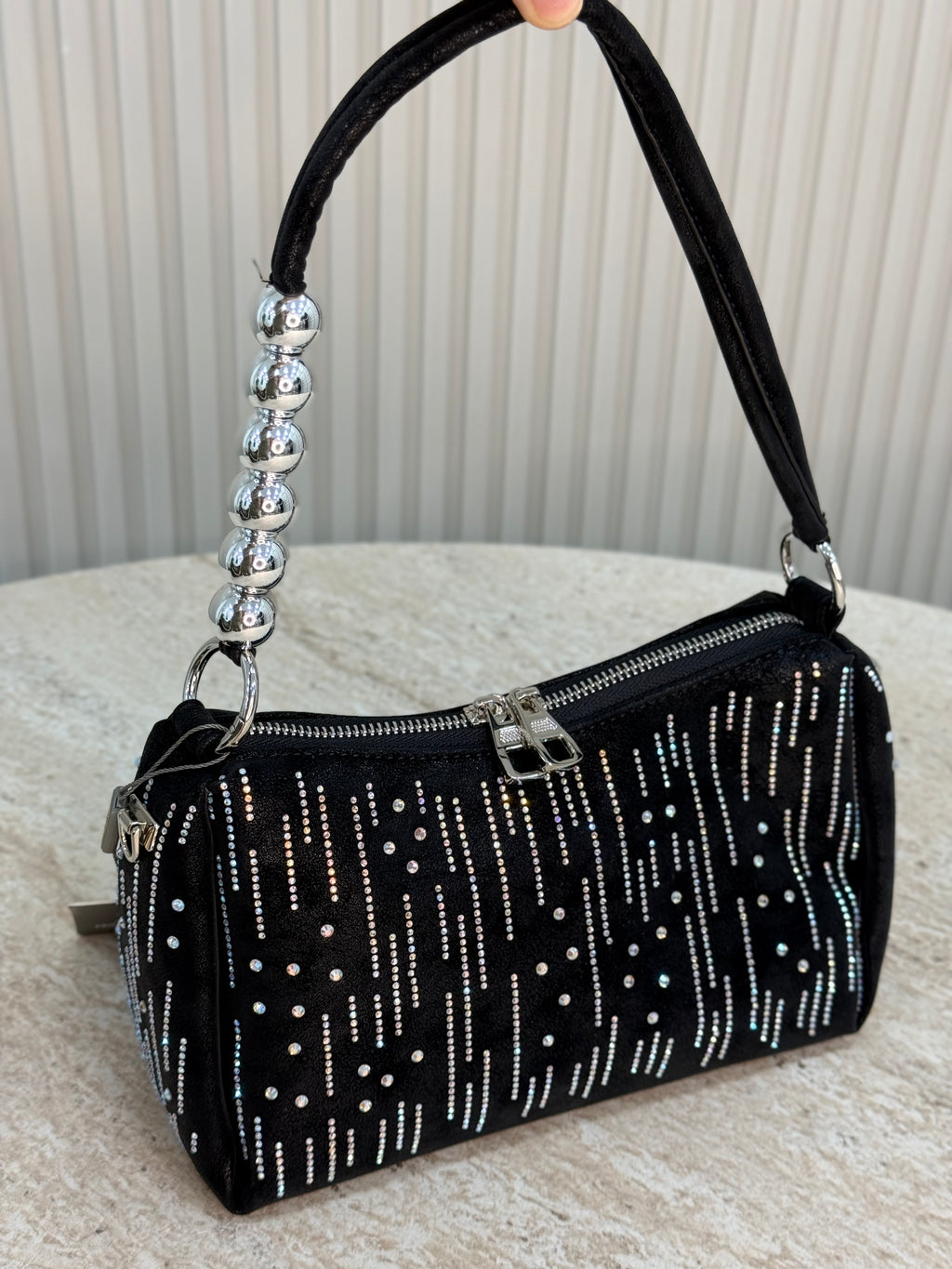 KRISTEBELL MARKA SÜET TAŞLI SİYAH EL VE OMUZ ÇANTASI