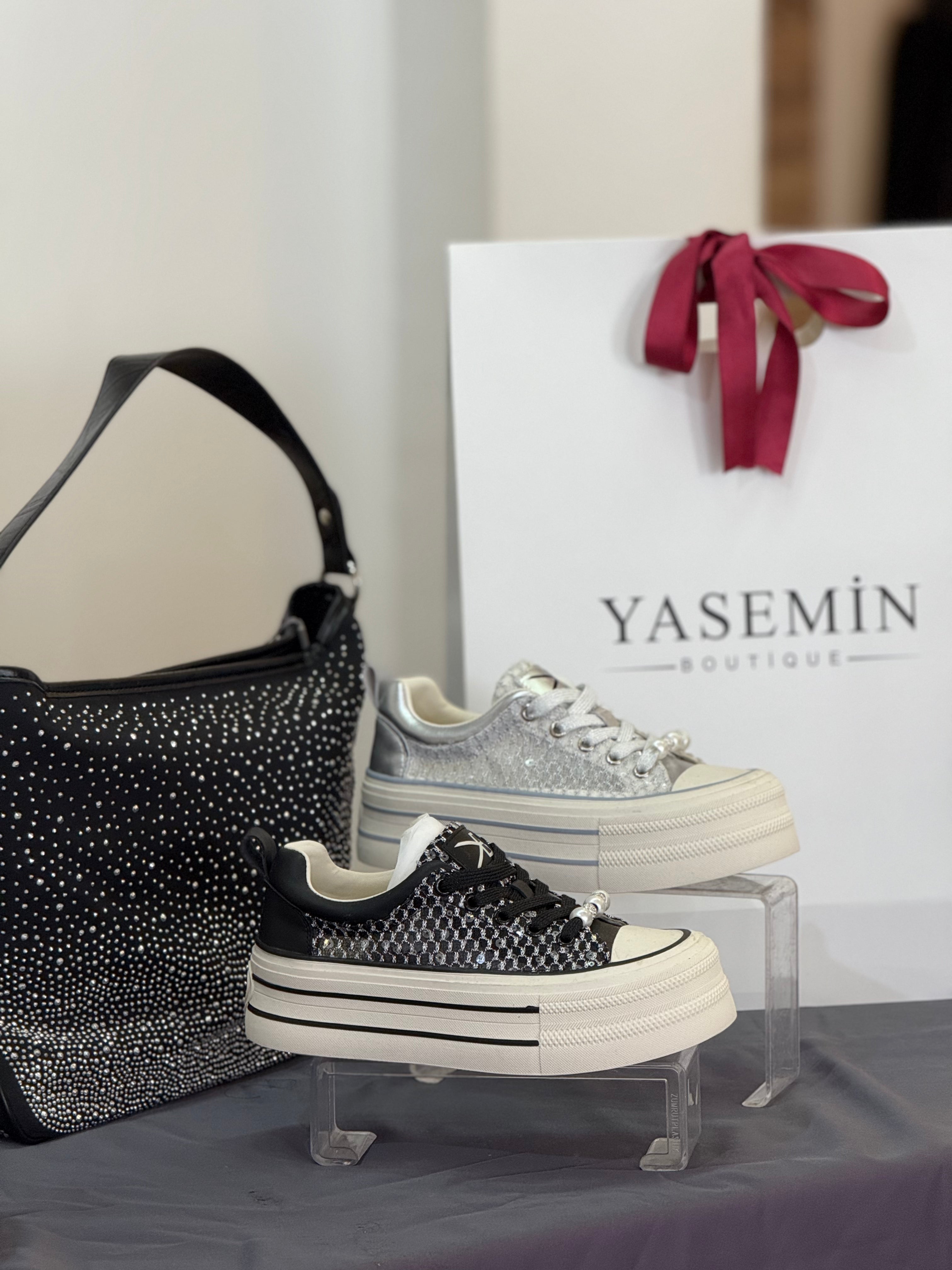 YÜKSEK TABANLI PULLU- TRANSPARAN BAĞCIKLI SNEAKERS